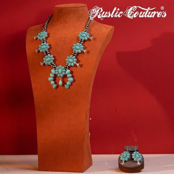 Women's Turquoise 3 Couture Jewelry Set Cowgirl Vintage Western Necklace Earring - Picture 4 of 7